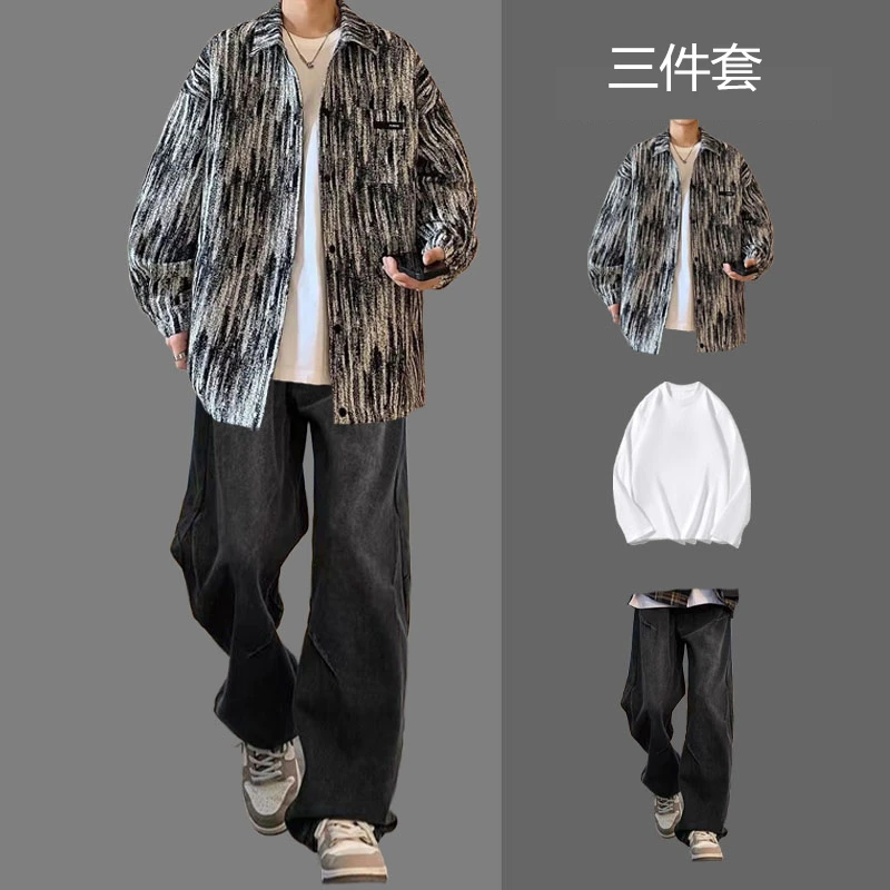 小香风外套男士套装春秋ins潮牌工装夹克高街一套搭配休闲三件套
