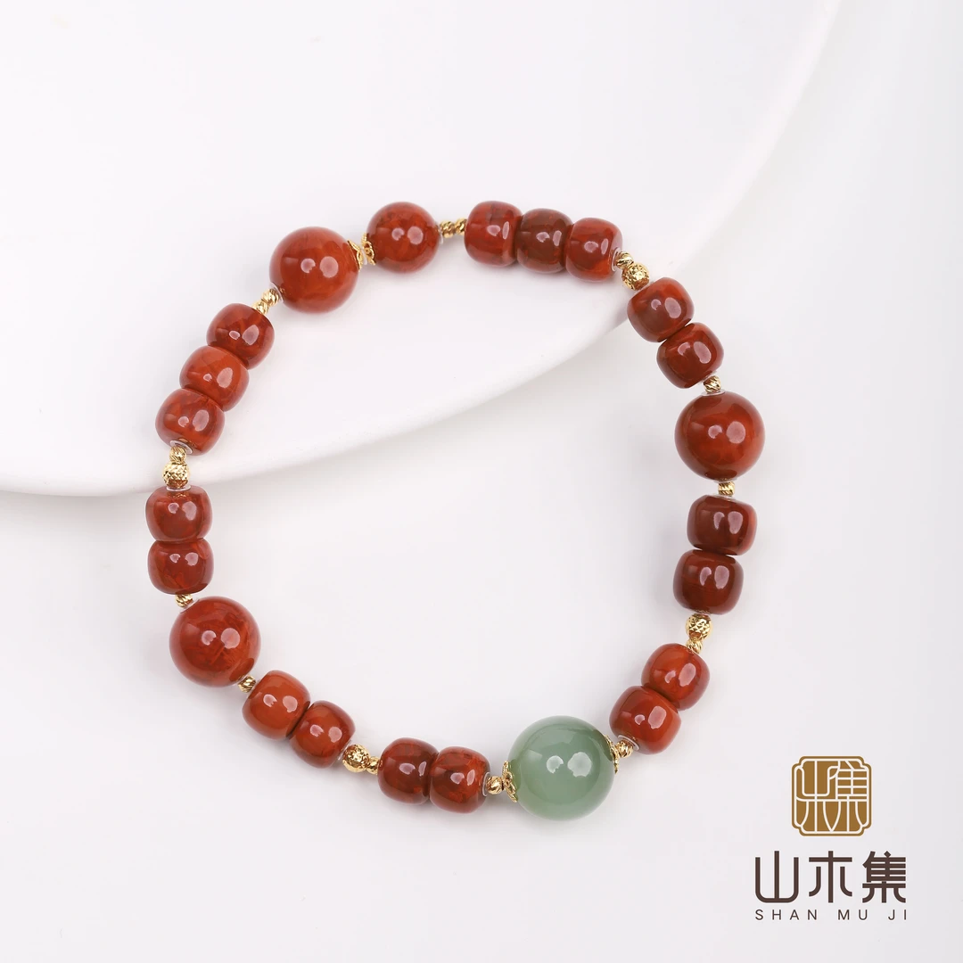 【春醉海棠】（18K）满肉火焰纹南红俄碧粉青猫光单圈手串￥￥（多样性）