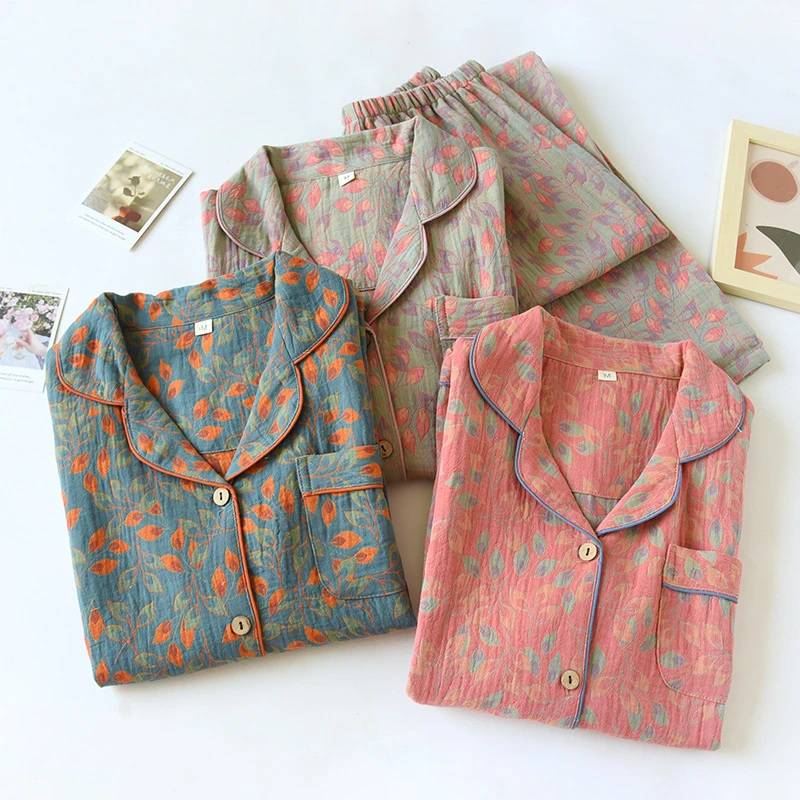 双层纱布翻领女纯棉材质春夏秋长袖长裤薄款开衫家居服套装二件