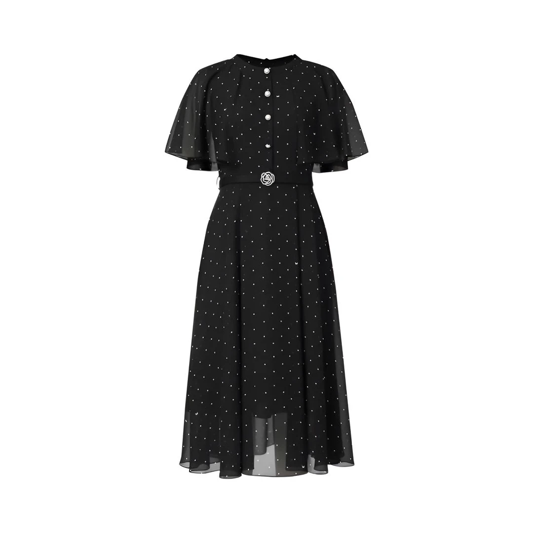 专柜品牌桑蚕乔其纱高腰设计感荷叶袖连衣裙A1800678