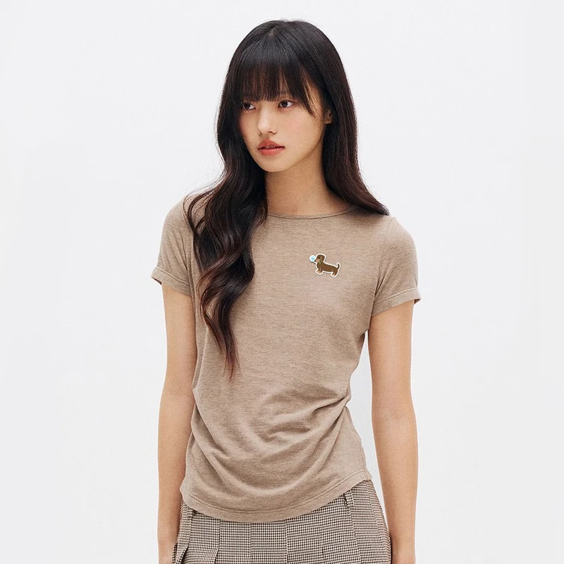 小恶魔潮牌小花腊肠狗女装弹力针织刺绣短袖夏季收腰t恤显瘦修身