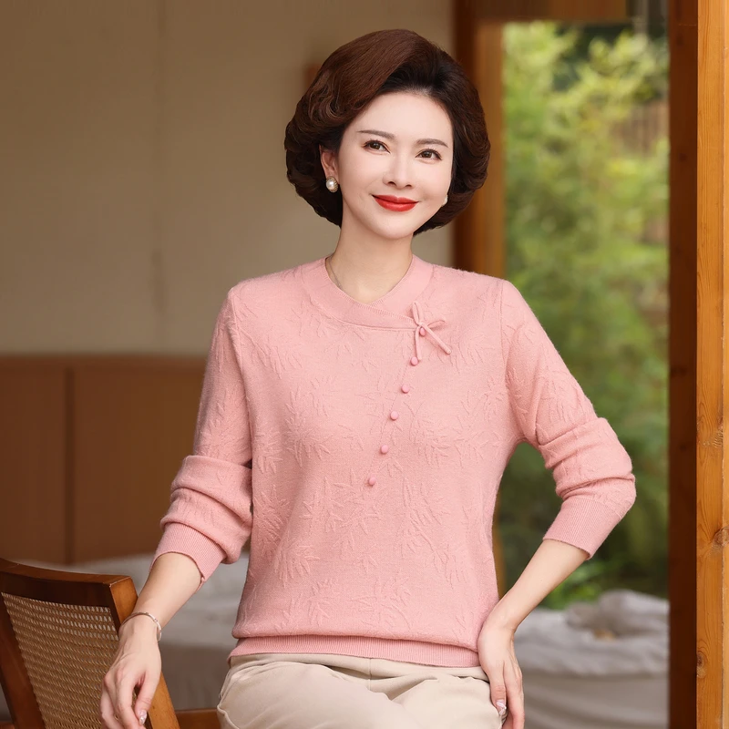 中老年春季新品春秋上衣2472视频妈妈装洋气中年长袖圆领时尚毛衣