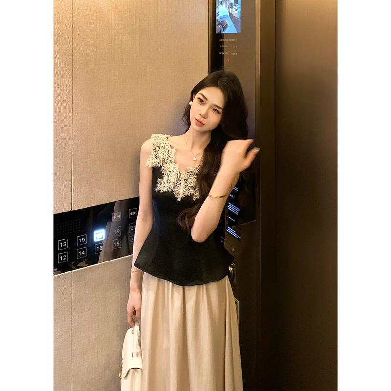 木子李的李【风姿绰约】气质蕾丝花边无袖上衣松紧a字半身裙