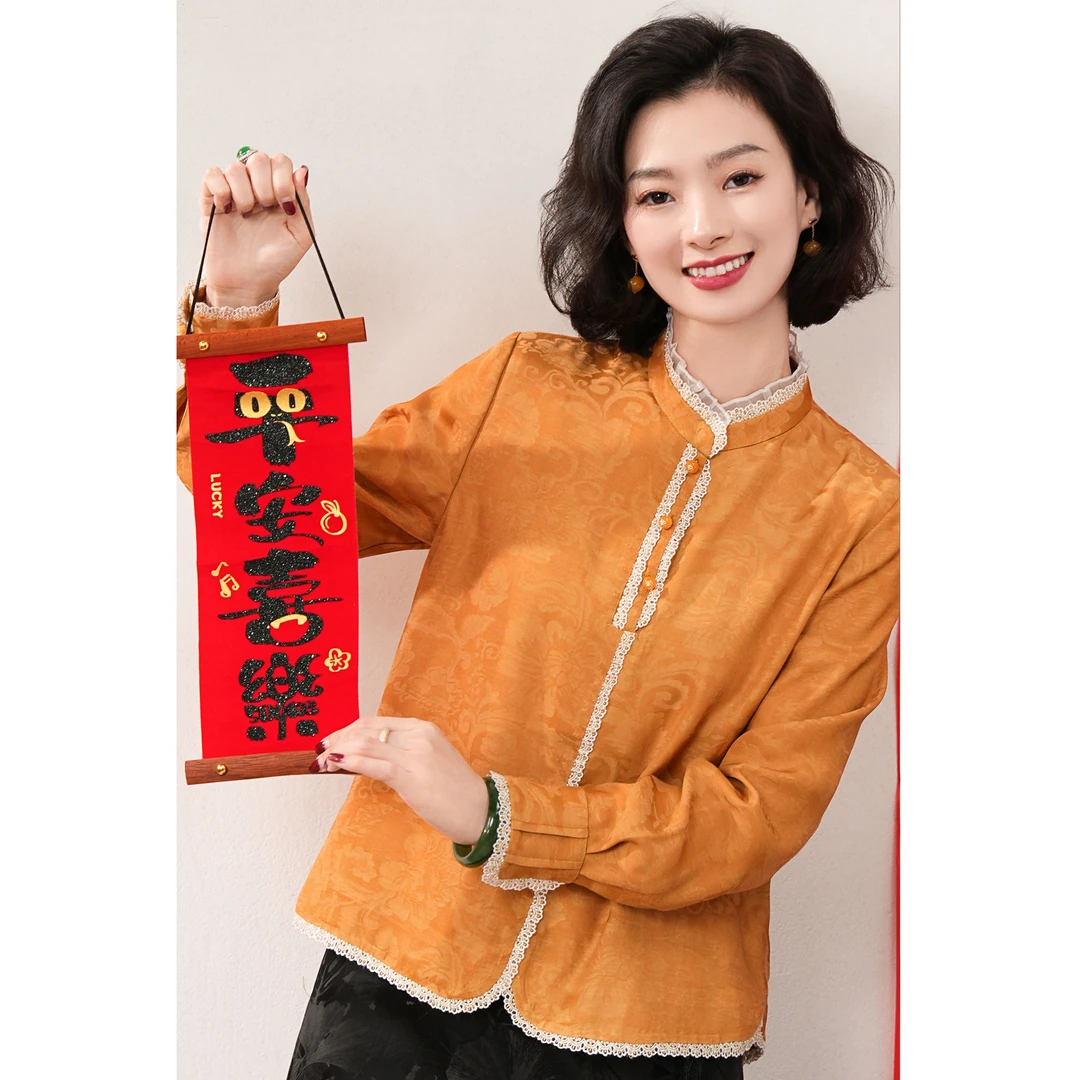 西子/【金盏】桑蚕丝拉芙领国风芙蓉卷草纹套头百搭衬衫/CSBH892