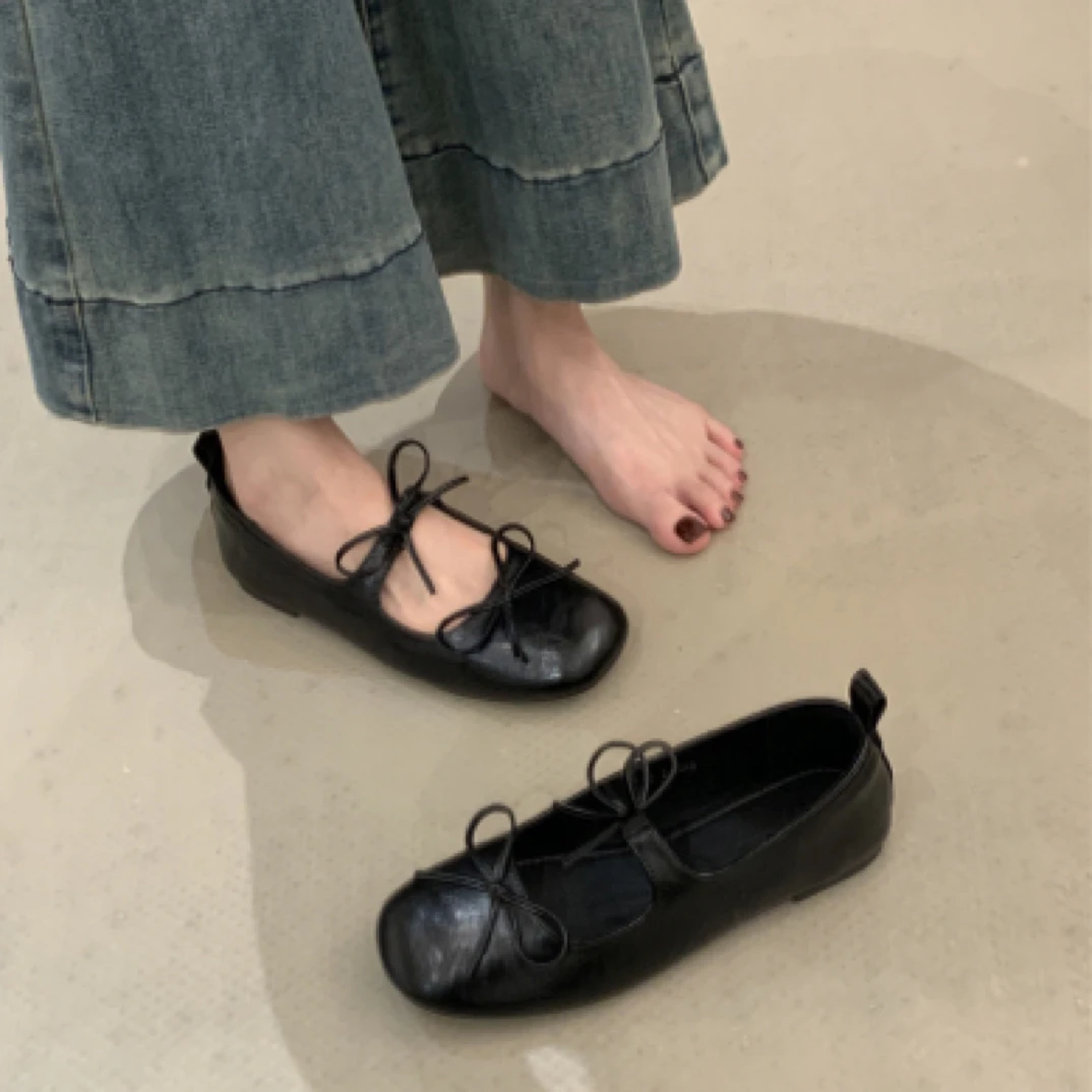 WL-2982-3 法式晚晚风圆头平底一脚蹬休闲鞋蝴蝶结气质玛丽珍单鞋