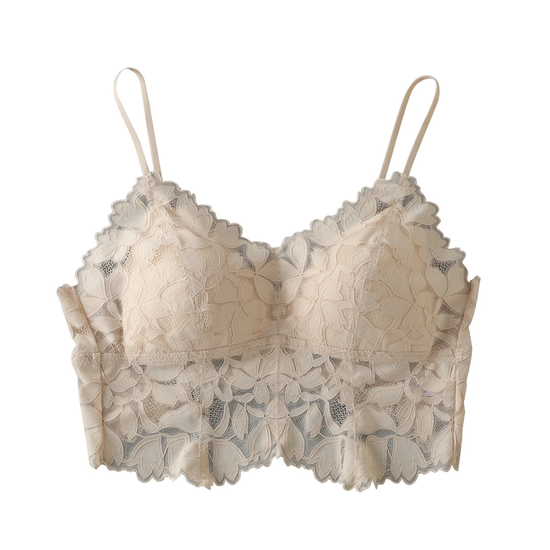 法式蕾丝无钢圈真丝美背吊带 100%桑蚕丝内里舒适透气薄款内衣女