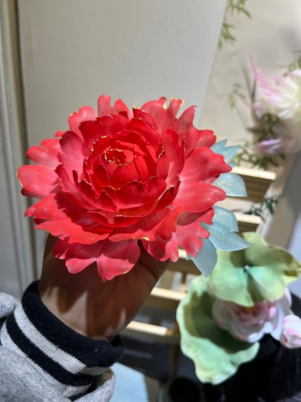 半热缩牡丹花发夹偏红色