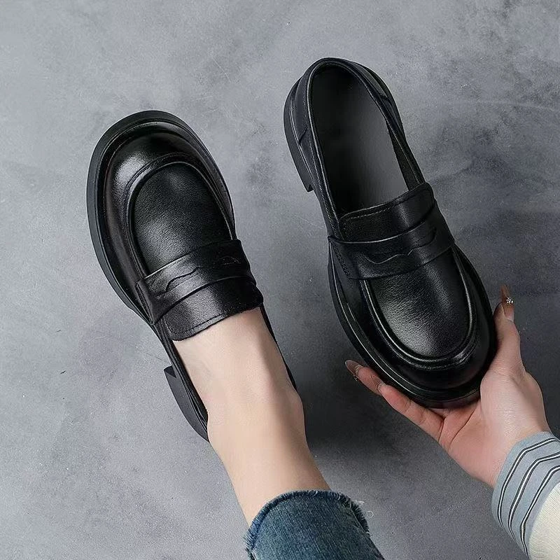 真皮春季英伦制服一脚蹬平底厚底软底春秋乐福鞋圆头百搭A682