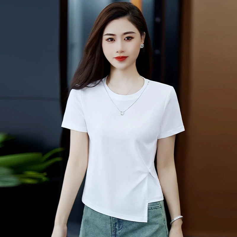 夏装圆领短袖凉感圆领女T恤夏季褶皱打底衫t恤洋气不规则显瘦百搭