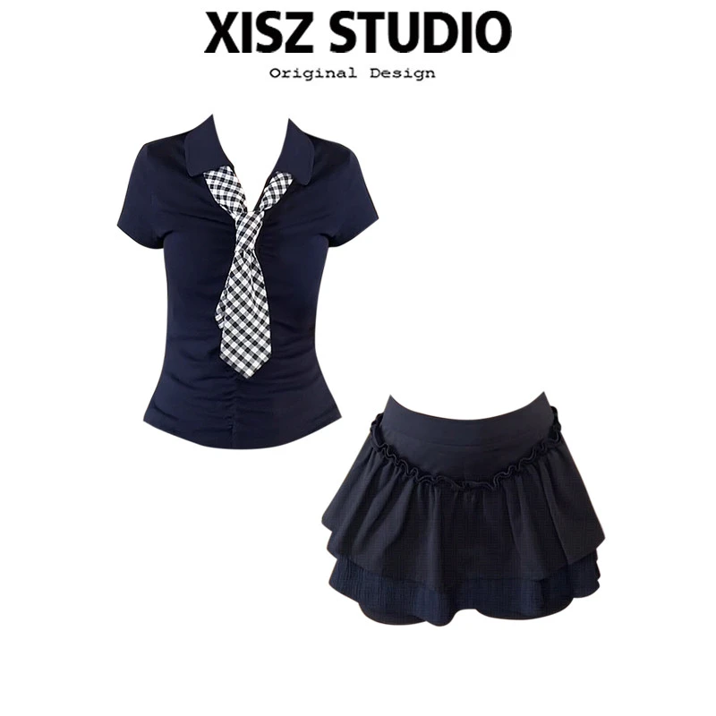 美式复古格纹领带翻领T恤女夏季修身高腰短裙学院风减龄显瘦套装