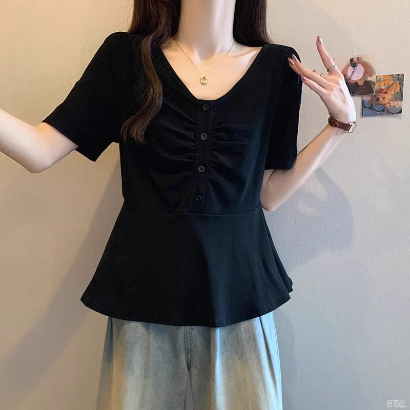 夏季大码胖mm设计感百搭简约显瘦服褶皱短袖上衣v领T恤女新款洋气
