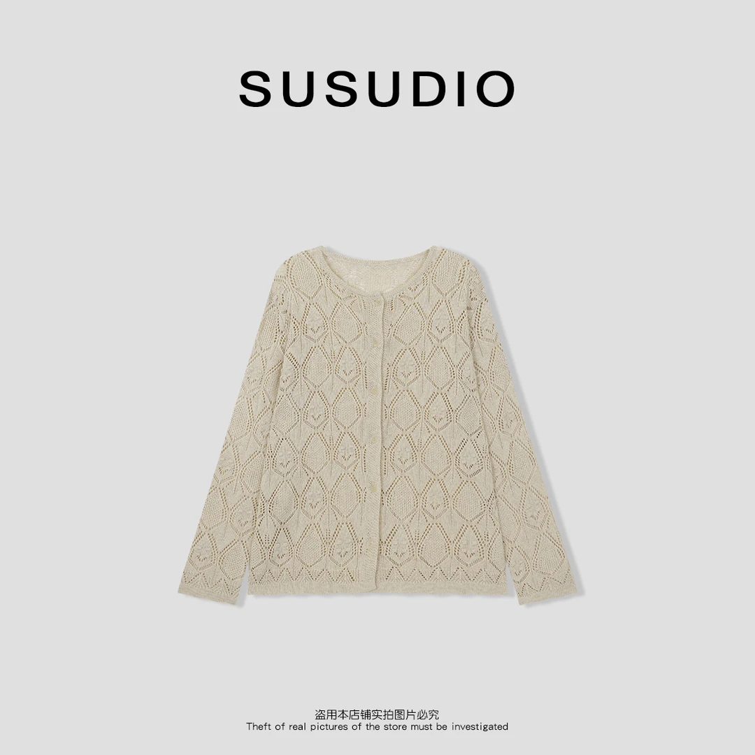 SUSUDIO 亚麻+莱赛尔 夏季法式高级镂空休闲针织衫开衫50103