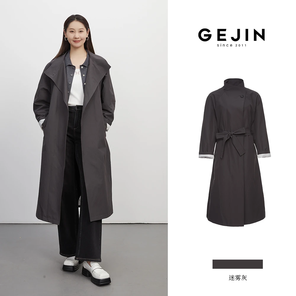 GEJIN/歌锦秋季新款修身型长款双排扣大衣立领风衣9332582327秋装