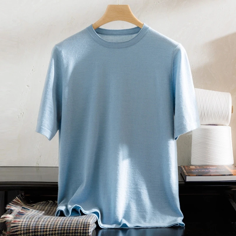 男士圆领薄款短袖68支精纺山羊绒T恤商务休闲纯色半袖羊绒衫