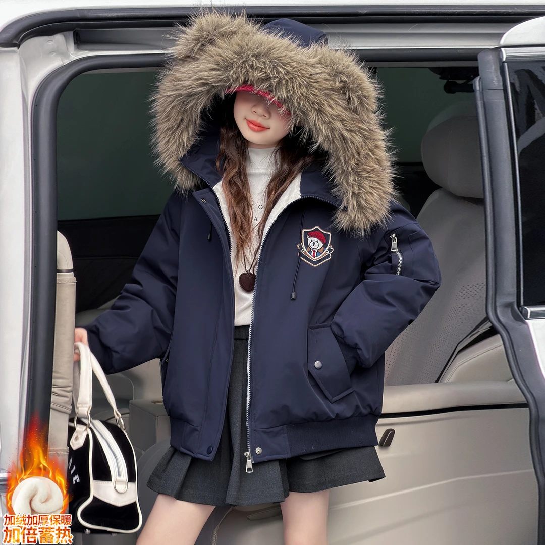 女童韩系小熊耳朵毛领连帽加绒加厚棉服2025新款冬季保暖派克服潮