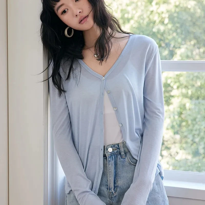 莱赛尔天丝醋酸开衫女春夏新款绵羊毛外套薄款纽扣长袖上衣30626