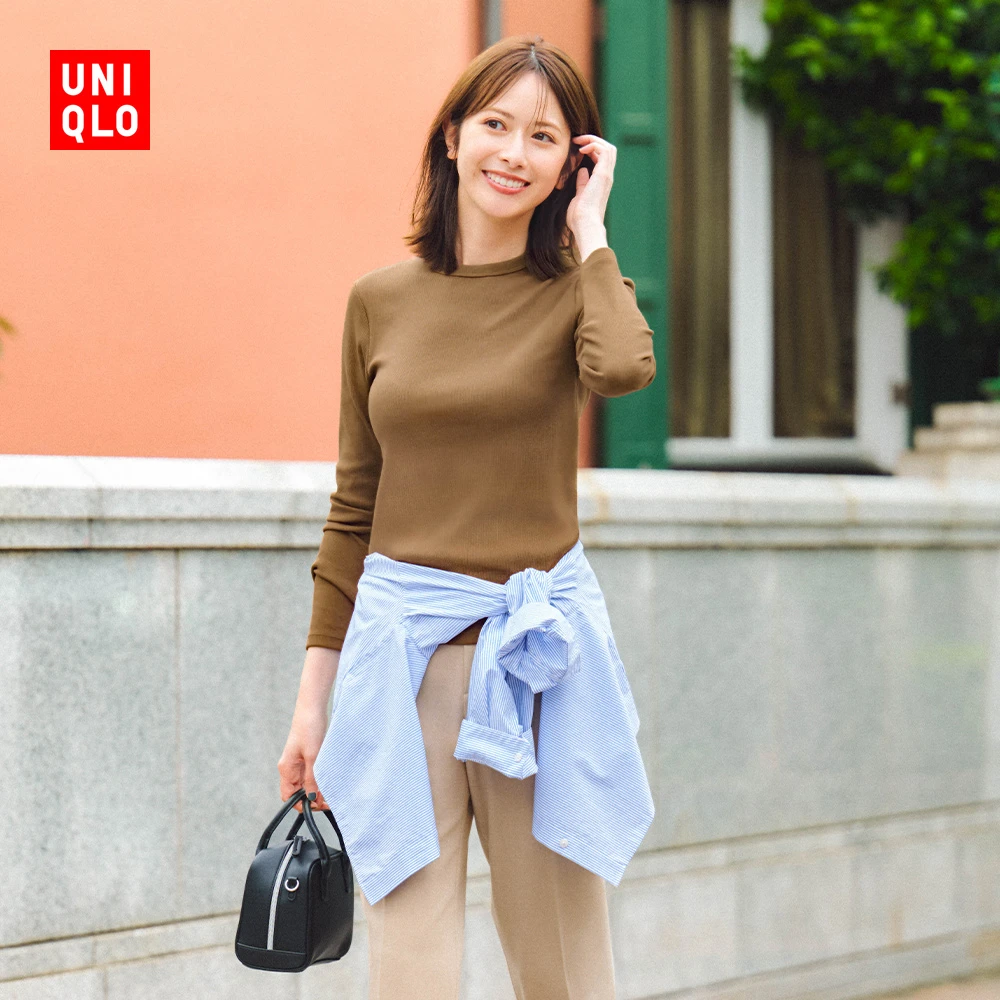 优衣库女装柔软罗纹圆领T恤长袖纯色基础款474400 479590 470124