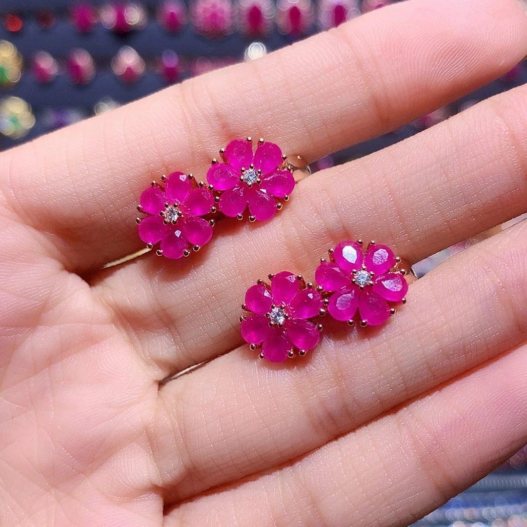 红宝石耳饰银S925镶嵌