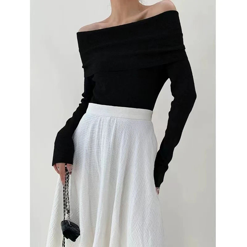 43  韩系一字肩长袖针织衫T恤女早秋薄款小个子显瘦白色高腰短款