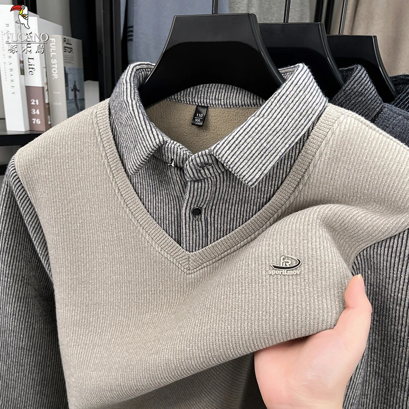 【加绒加厚】啄木鸟假两件针织衫男秋冬休闲打底衫长袖上衣中老年