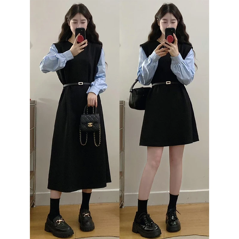 大码韩系通勤风连衣裙女秋胖mm假两件拼接衬衫长袖宽松显瘦长裙子