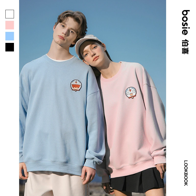 【哆啦A梦】bosie伯喜2025年秋季新款联名卡通绣花套头卫衣男情侣