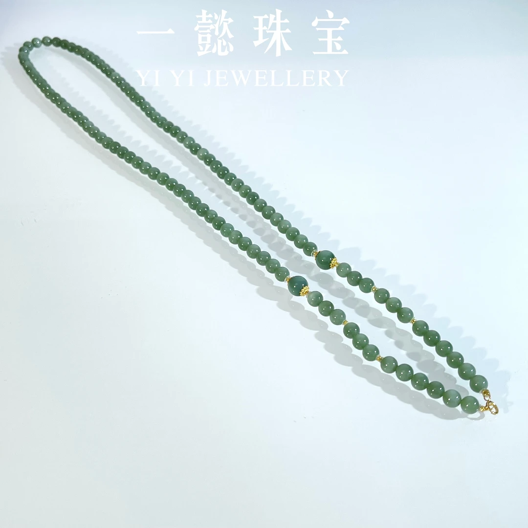 【一懿珠宝】青瑶|天然和田玉粉青18K金项链 6MM 108 时尚气质fq095