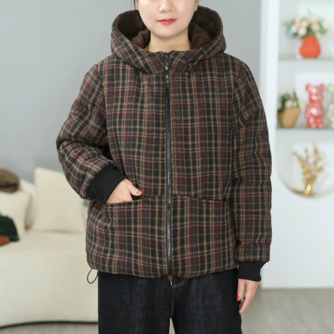 复古格纹【双面双穿】连帽棉服女时尚气质保暖上衣女士外套ZB186