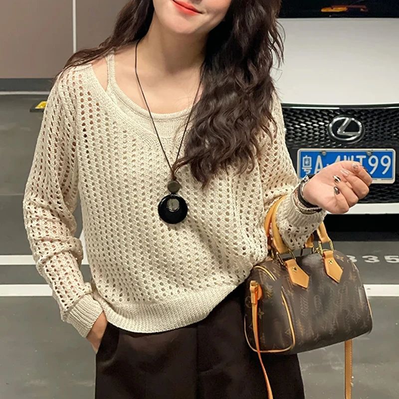 小个子2025秋季韩版新款镂空针织衫假两件显瘦上衣设计感小众女