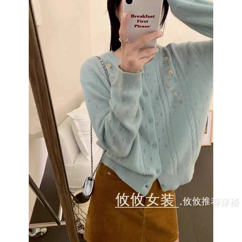 网红开衫款宽松上衣毛衣韩版公主风春秋季花朵甜美毛针织衫温柔