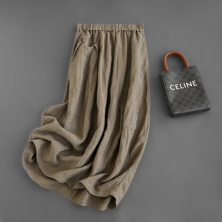 静奢松弛感！天然古朴 松紧腰宽松花苞状半身裙