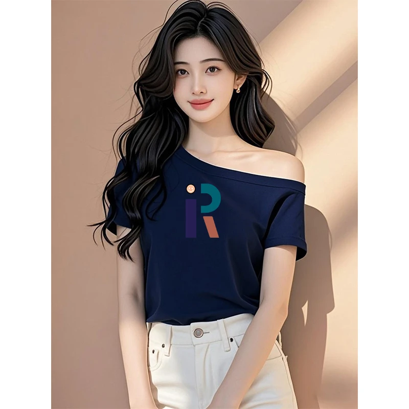 藏蓝色短袖t恤女装夏季2025新款修身别致独特一字肩短款辣妹上衣
