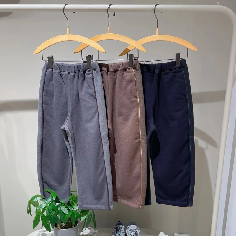 加绒冬装现货童装新款男女童针织卫裤加厚拼接长裤子儿童弯刀裤