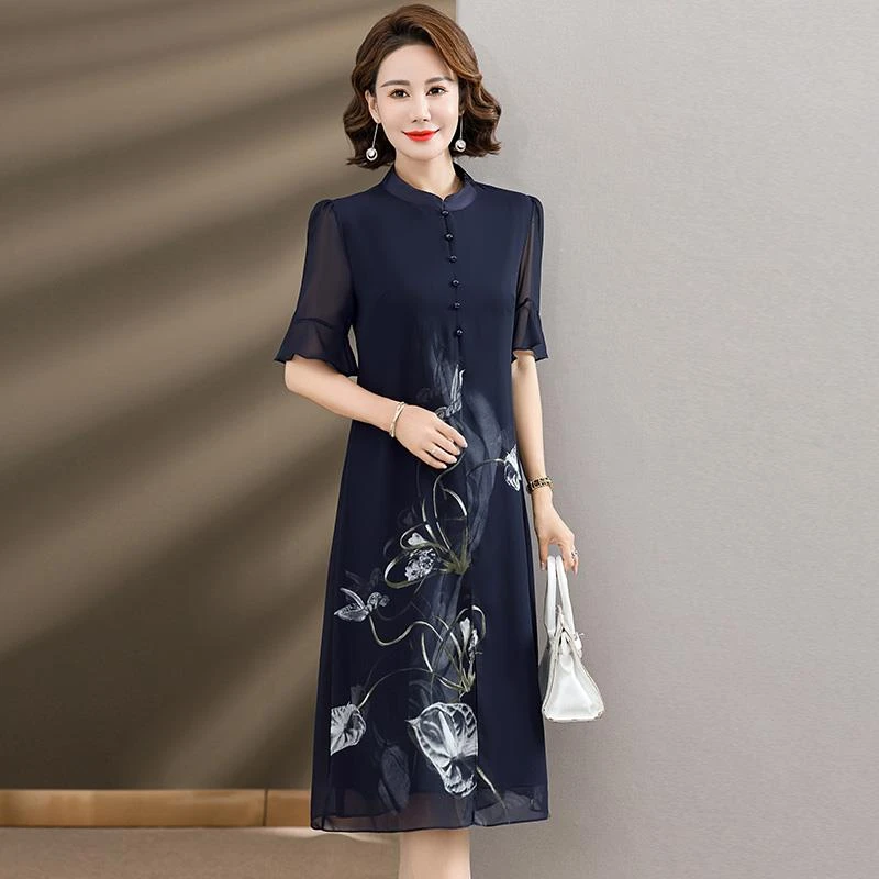 恒源祥彩羊妈妈装连衣裙时尚高贵夫人新中式改良旗袍中老年女季国