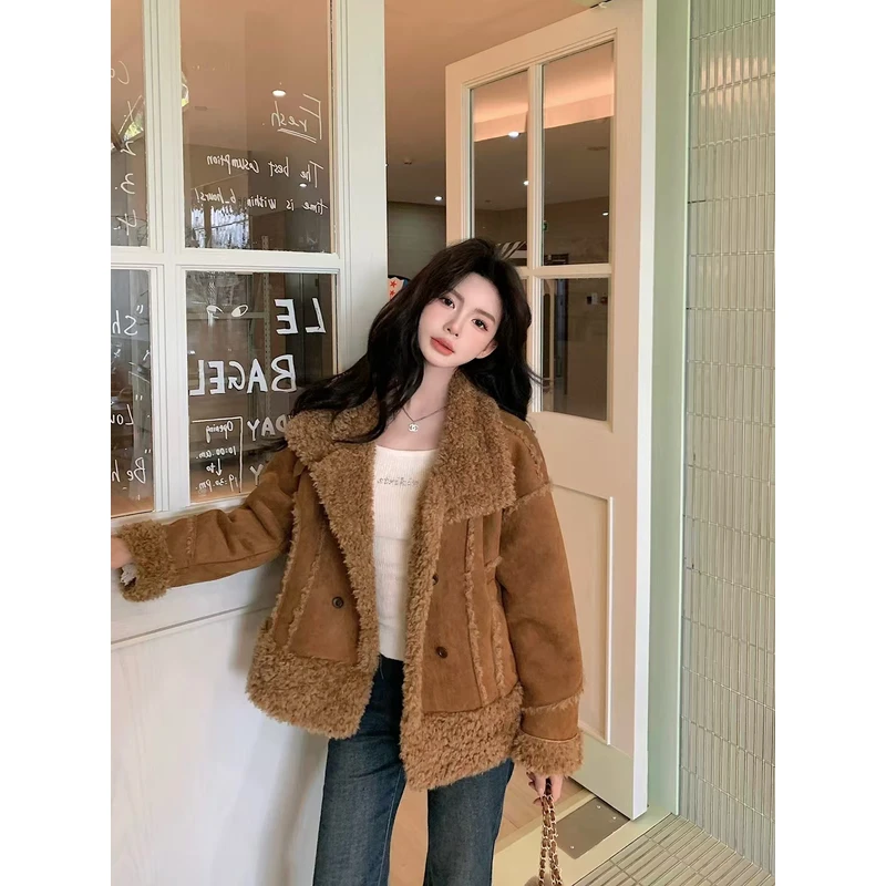 冬季咖色美拉德皮毛一体短外套女加绒保暖机车风休闲上衣