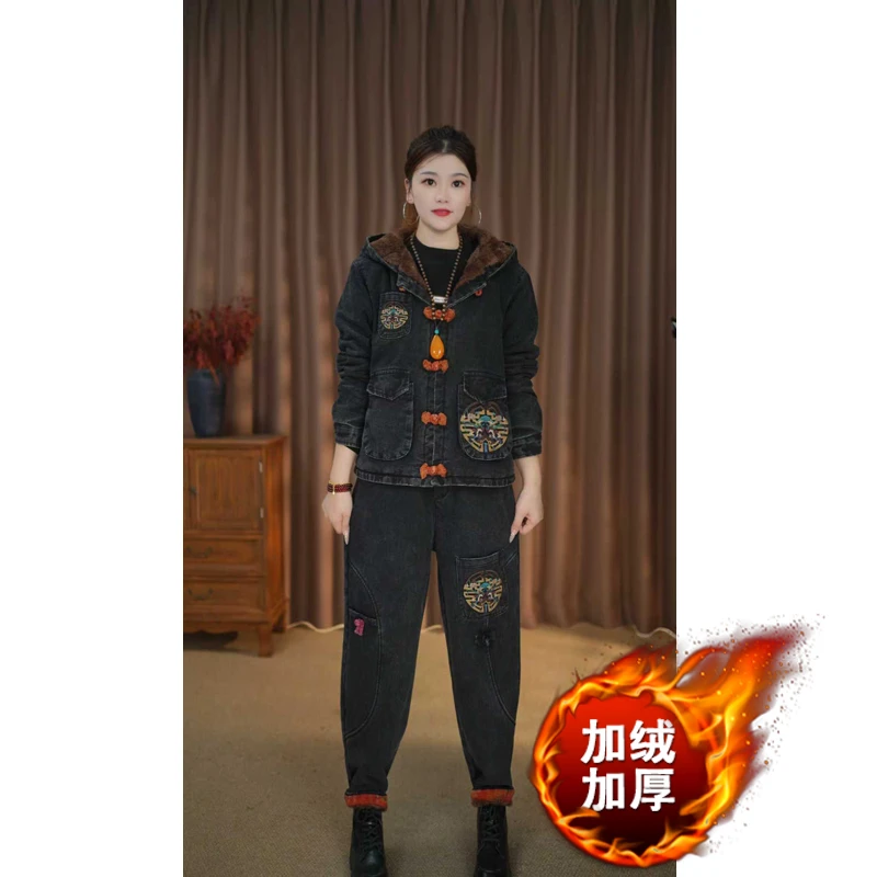 2585冬季加绒加厚复古民族风双喜绣花外套上衣水洗口袋牛仔裤女