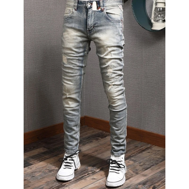 DeweLvum匠心制作！一眼就爱上!潮牌复古做旧弹力修身小脚牛仔裤男