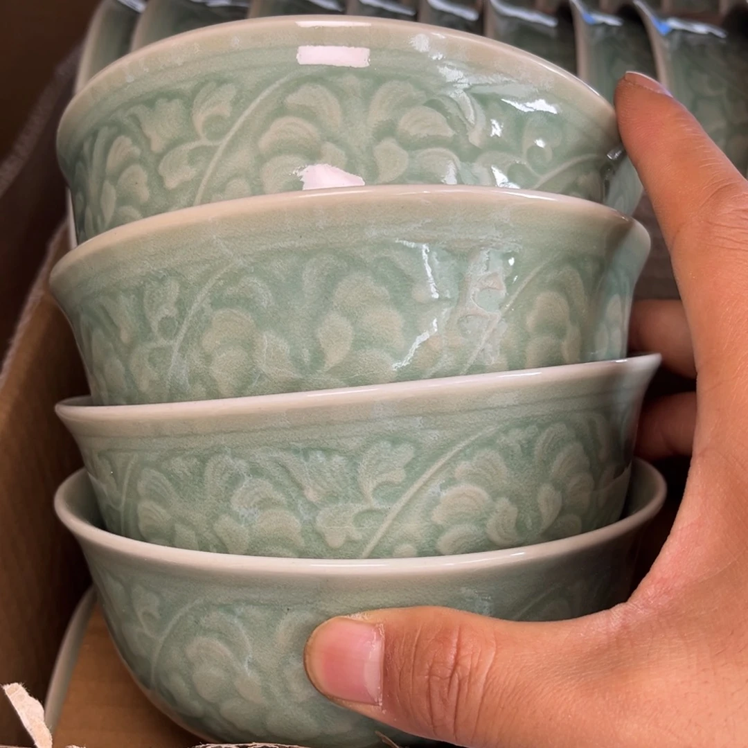 瓷微瑕5.5 英寸橄榄绿低牡丹碗 4 只