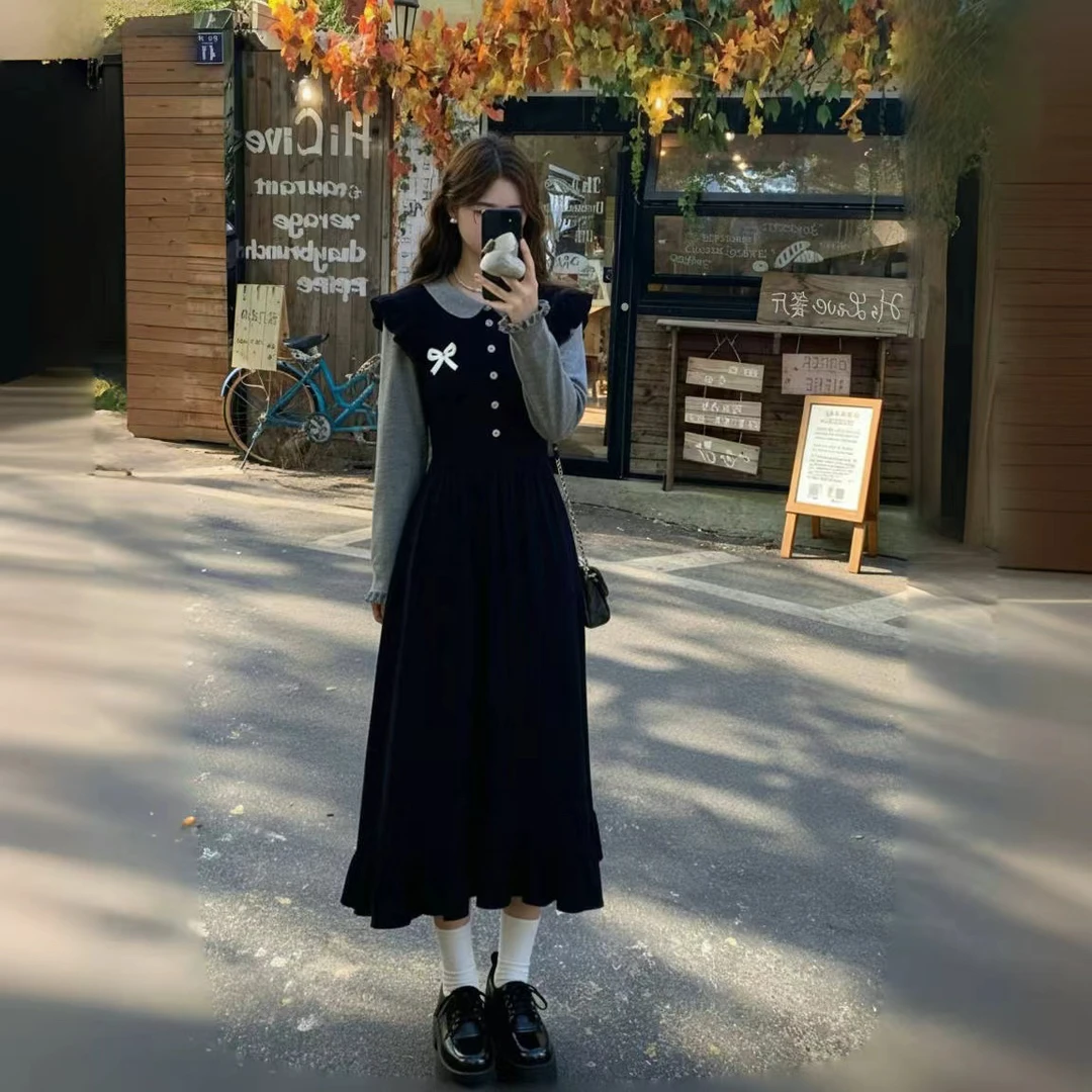 秋冬新款黑色假两件拼接气质修身长袖连衣裙009