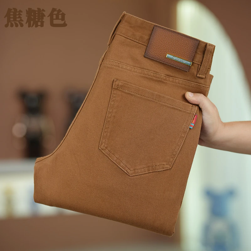 焦糖色男士牛仔裤早秋2025新款轻奢欧货高级感修身男士秋季裤子