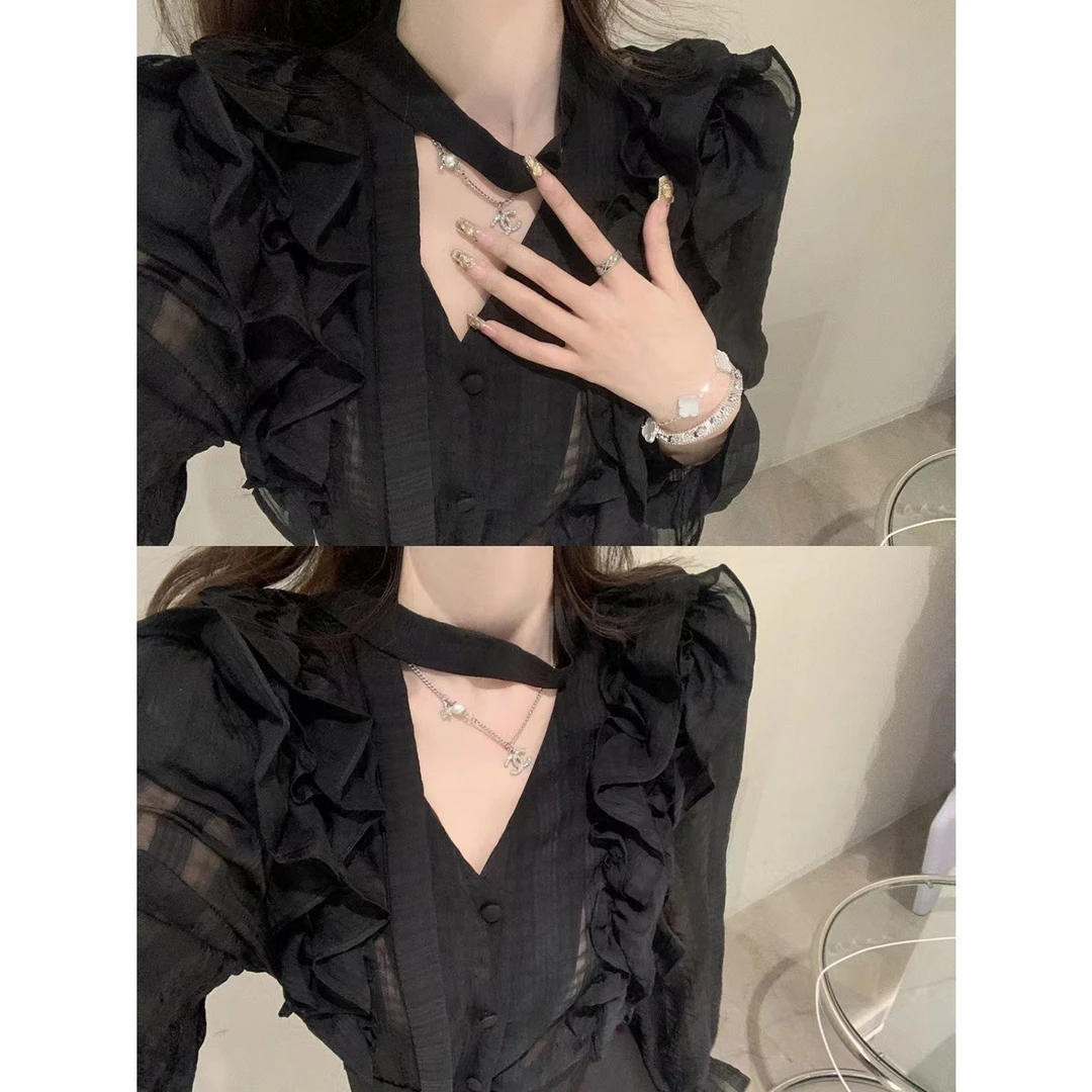 禁欲感姐姐木耳边黑色系带雪纺衬衫长袖上衣显瘦气质飘带性感