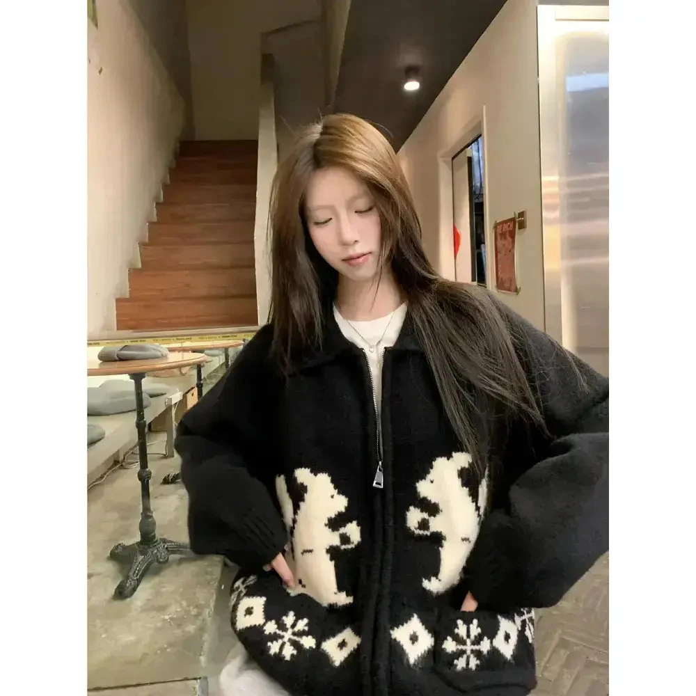 圣诞氛围感复古甜美可爱小松鼠polo领针织衫秋冬外套女春秋开衫