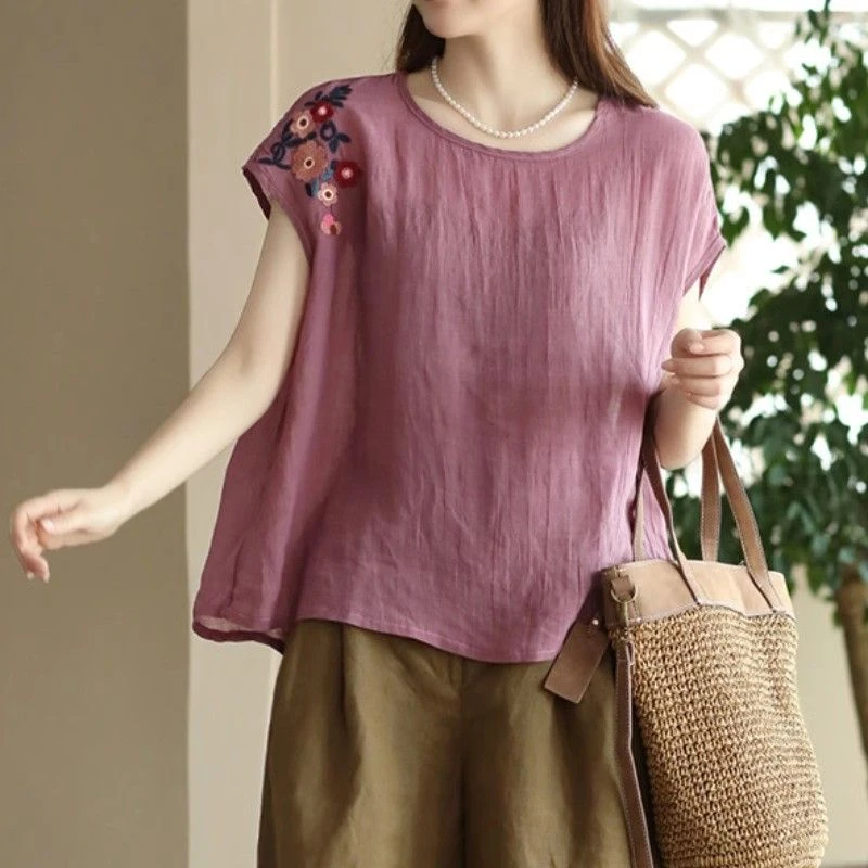 纯色刺绣背心棉麻夏季女装宽松显瘦百搭薄款无袖大码洋气精致上衣