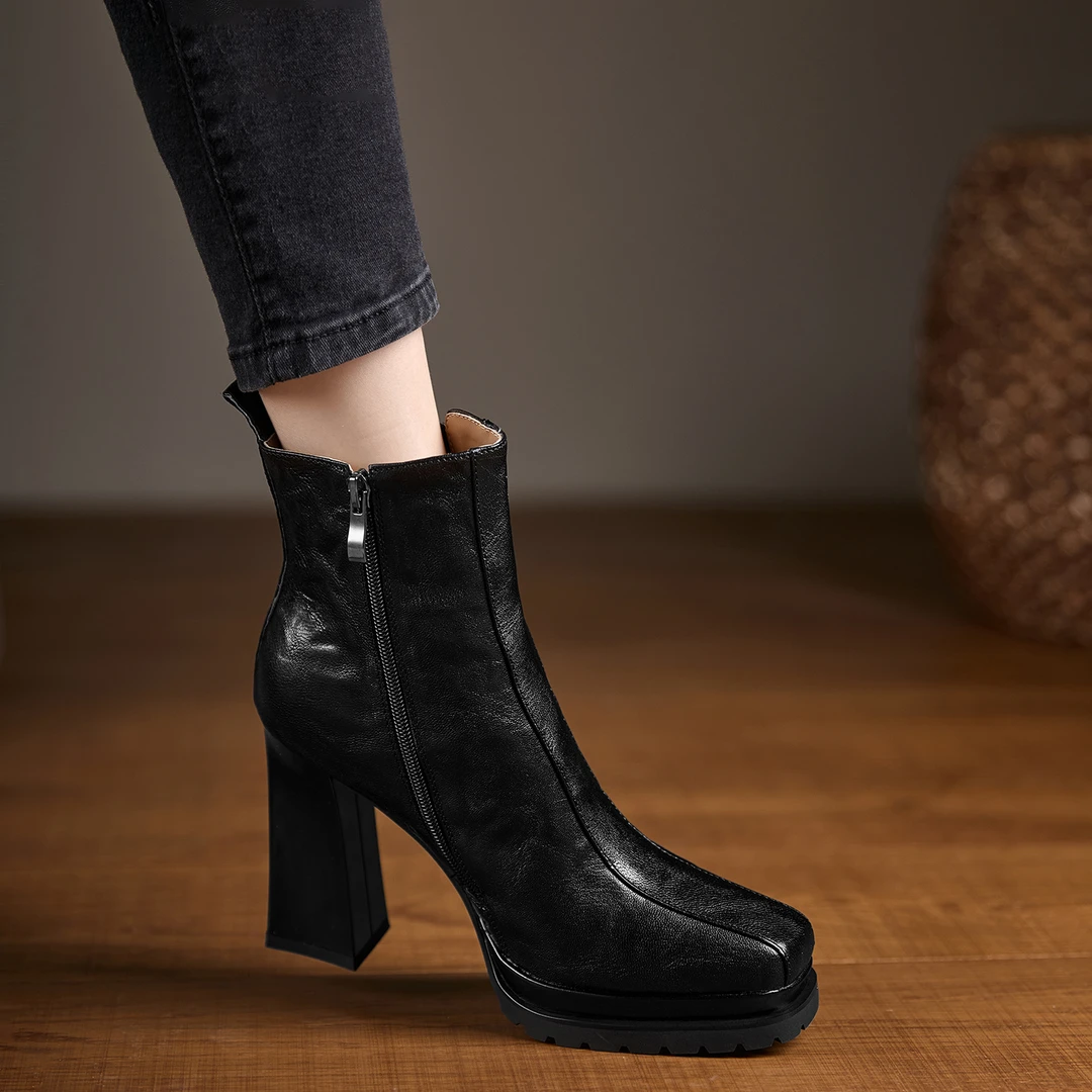 小个子手工女鞋10cm~法式方头瘦瘦靴秋冬新款百搭短靴英伦时装靴