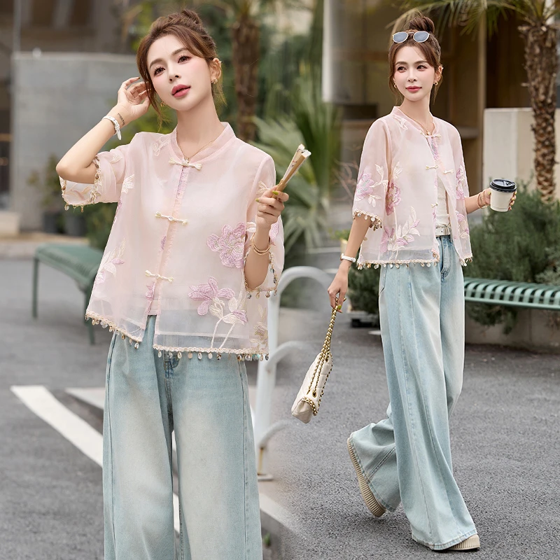 2025夏季新款新中式盘扣立领上衣开衫蕾丝拼接重工刺绣薄款外套女