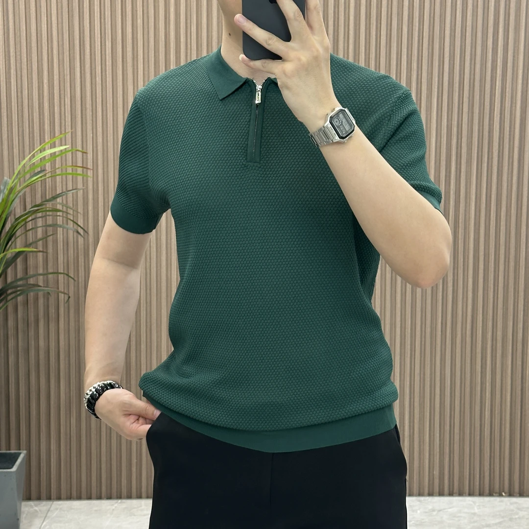 夏季新款短袖冰丝针织短袖男时尚拉链翻领休闲商务纯色简约百搭PO