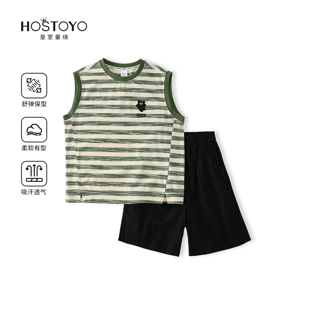 皇室童缘【中大童】2025男童夏装条纹套装潮流百搭夏款五分裤夏季