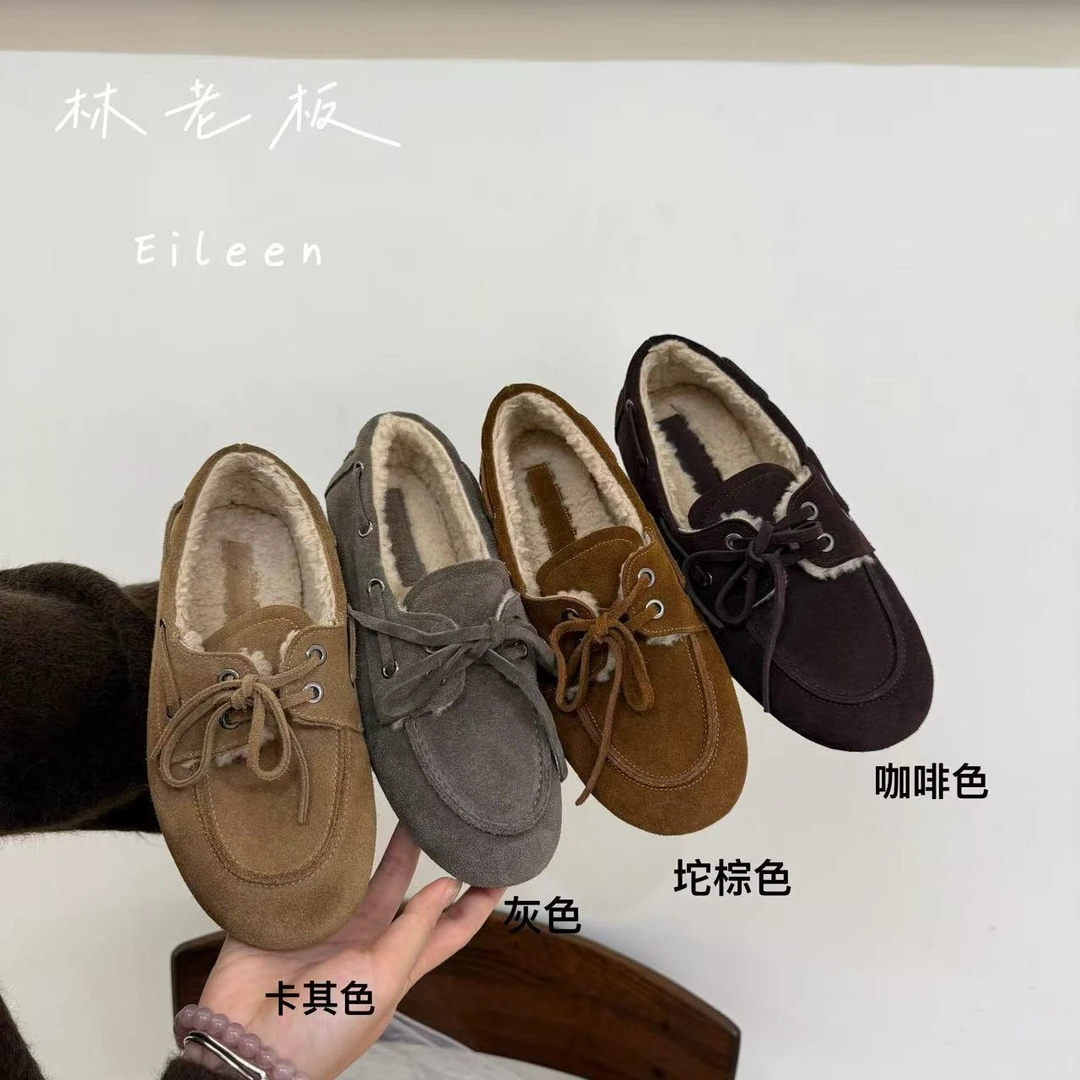 2025秋冬复古圆头软底磨砂真皮系带加绒保暖豆豆鞋女乐福鞋5633-2