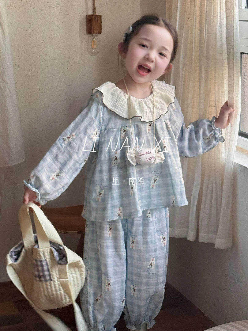 女童2025春夏韩版荷叶领家居服春款宝宝卡通全棉长袖长裤睡衣套装