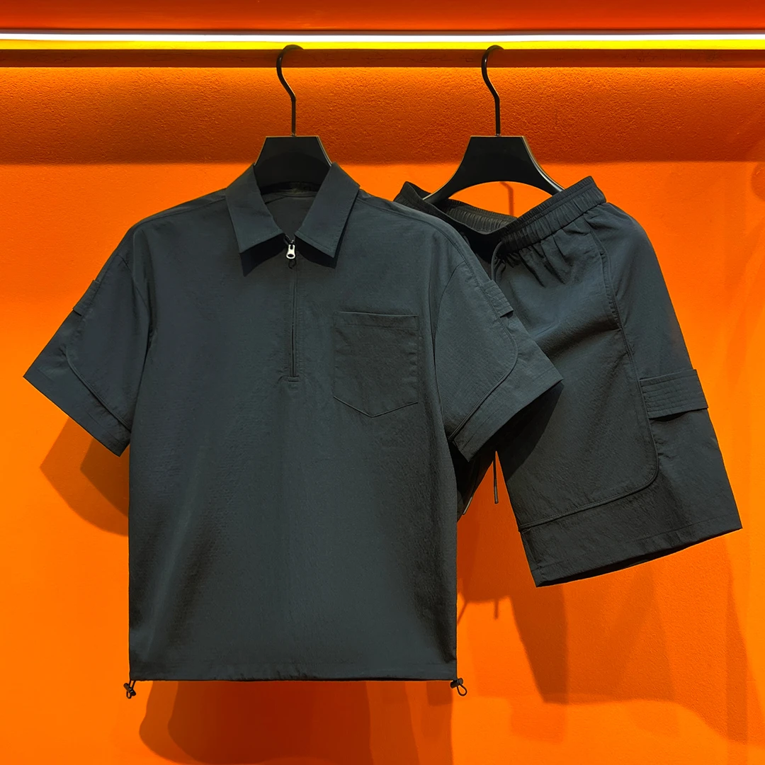 2025夏季新款工装简约短袖polo衫休闲短裤两件套宽松休闲套装男生